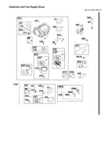 Carburetor/Fuel Supply Diagram and Parts List for 44N677-0065-G1  Briggs and Stratton Engine